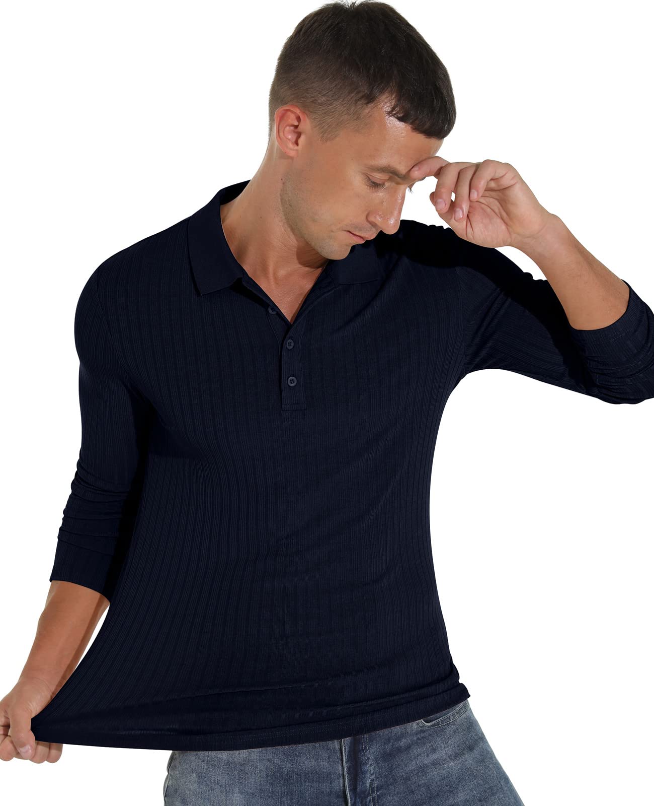 Askdeer Men's Polo Shirts Long Sleeve Slim Fit Casual Shirts Classic Stretch Polo T Shirt Golf Shirts Navy Blue