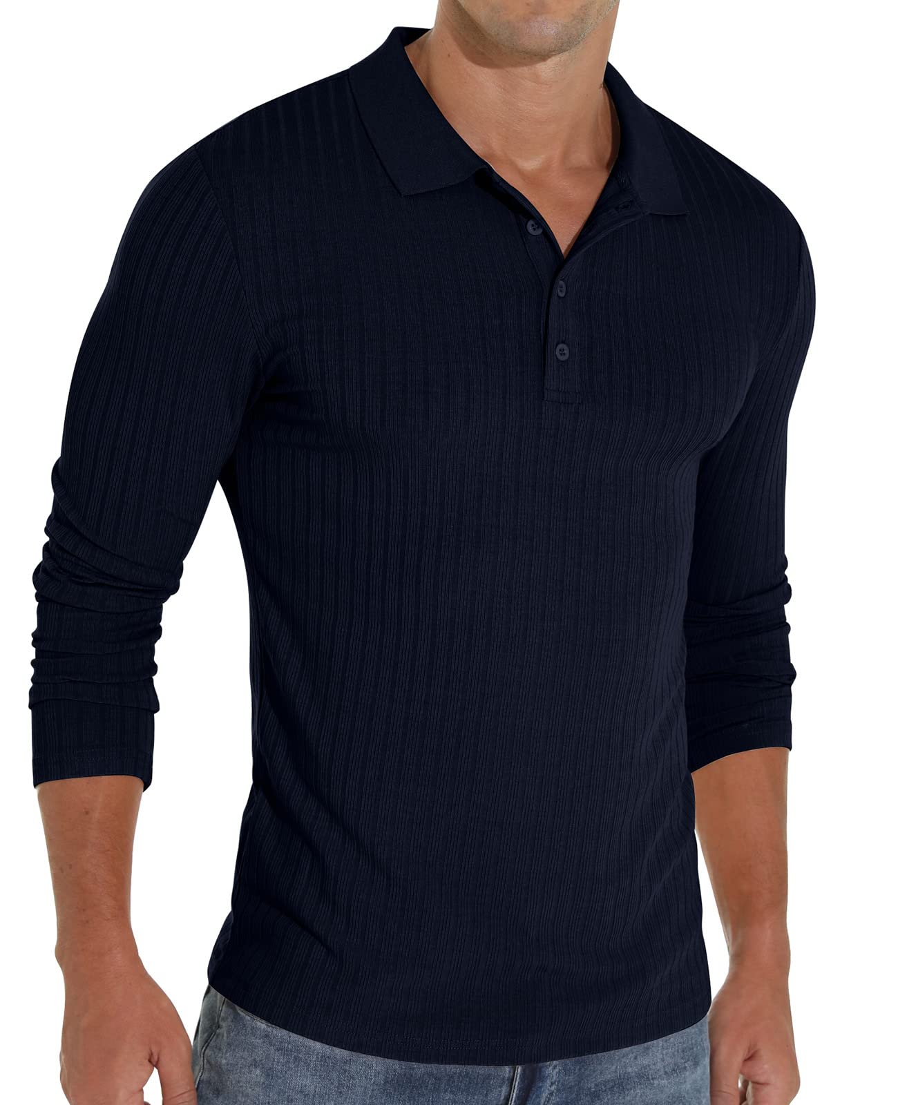 Askdeer Men's Polo Shirts Long Sleeve Slim Fit Casual Shirts Classic Stretch Polo T Shirt Golf Shirts Navy Blue