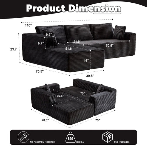 Compression Sectional Couch With Comfy Chaise, Boneless L Shape Sofa