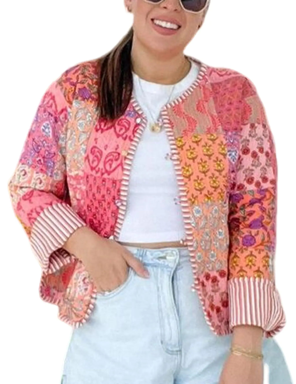 Yimoon Quilted Jackets for Women Reversible Floral Print Open Front Lightweight Cropped Puffer Jacket Outwear (FloralRed-M)