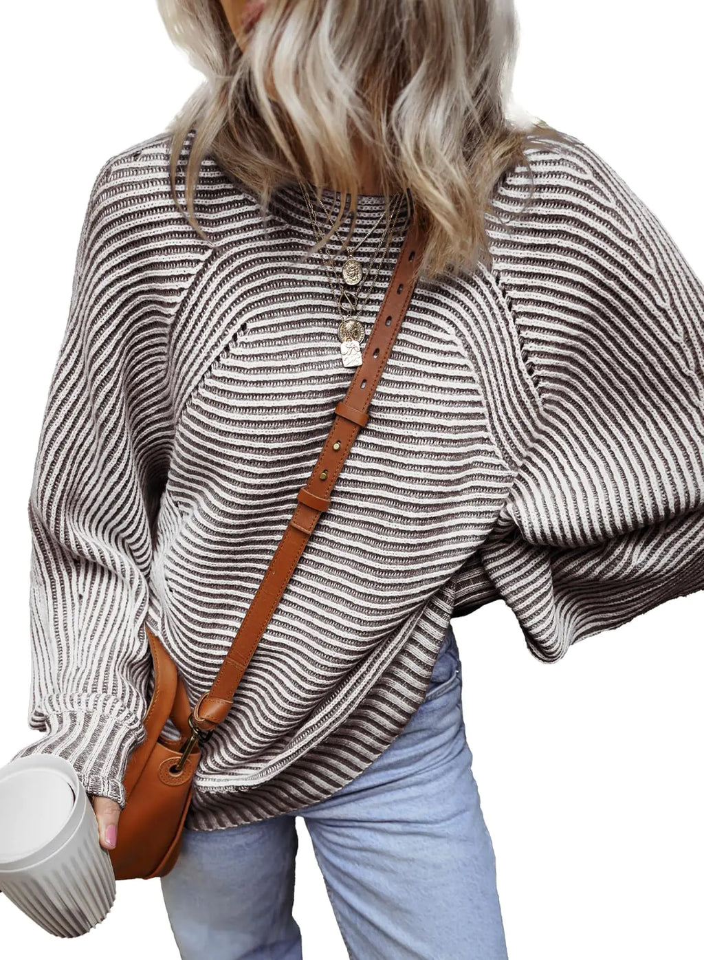 EVALESS Womens Sweaters Fall Outfits Long Sleeve Chunky Knit Tops Work Clothes Trendy 2024 Cute Boat Neck Batwing Sleeve Striped Pullover Sweater Winter Clothing Christmas Tops Brown XX-Large
