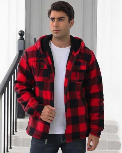 Yafanqi Mens Thick Heavy Warm Sherpa Lined Fleece Plaid Jackets Coat Full Zip Up Hoodie Winter Outwear Big and Tall