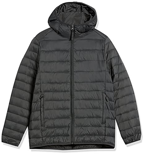 Amazon Essentials Men's Lightweight Water-Resistant Packable Hooded Puffer Jacket, Dark Grey, Large