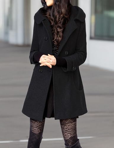 Tanming Women's Warm Double Breasted Wool Pea Coat Trench Coat Jacket with Hood (Black-M)