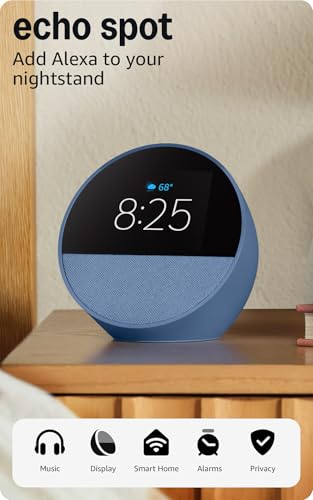 Amazon Echo Spot (newest model), Great for nightstands, offices and kitchens, Smart alarm clock with Alexa, Ocean Blue