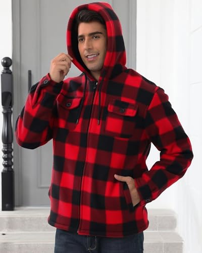 Yafanqi Mens Thick Heavy Warm Sherpa Lined Fleece Plaid Jackets Coat Full Zip Up Hoodie Winter Outwear Big and Tall