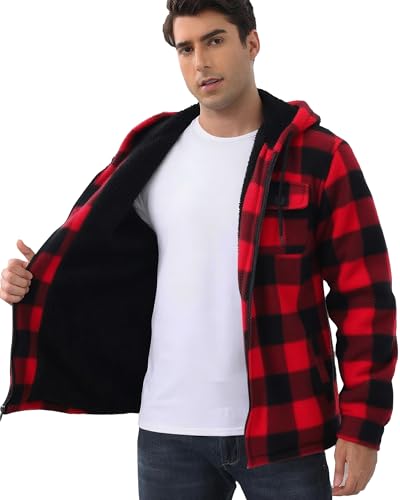 Yafanqi Mens Thick Heavy Warm Sherpa Lined Fleece Plaid Jackets Coat Full Zip Up Hoodie Winter Outwear Big and Tall