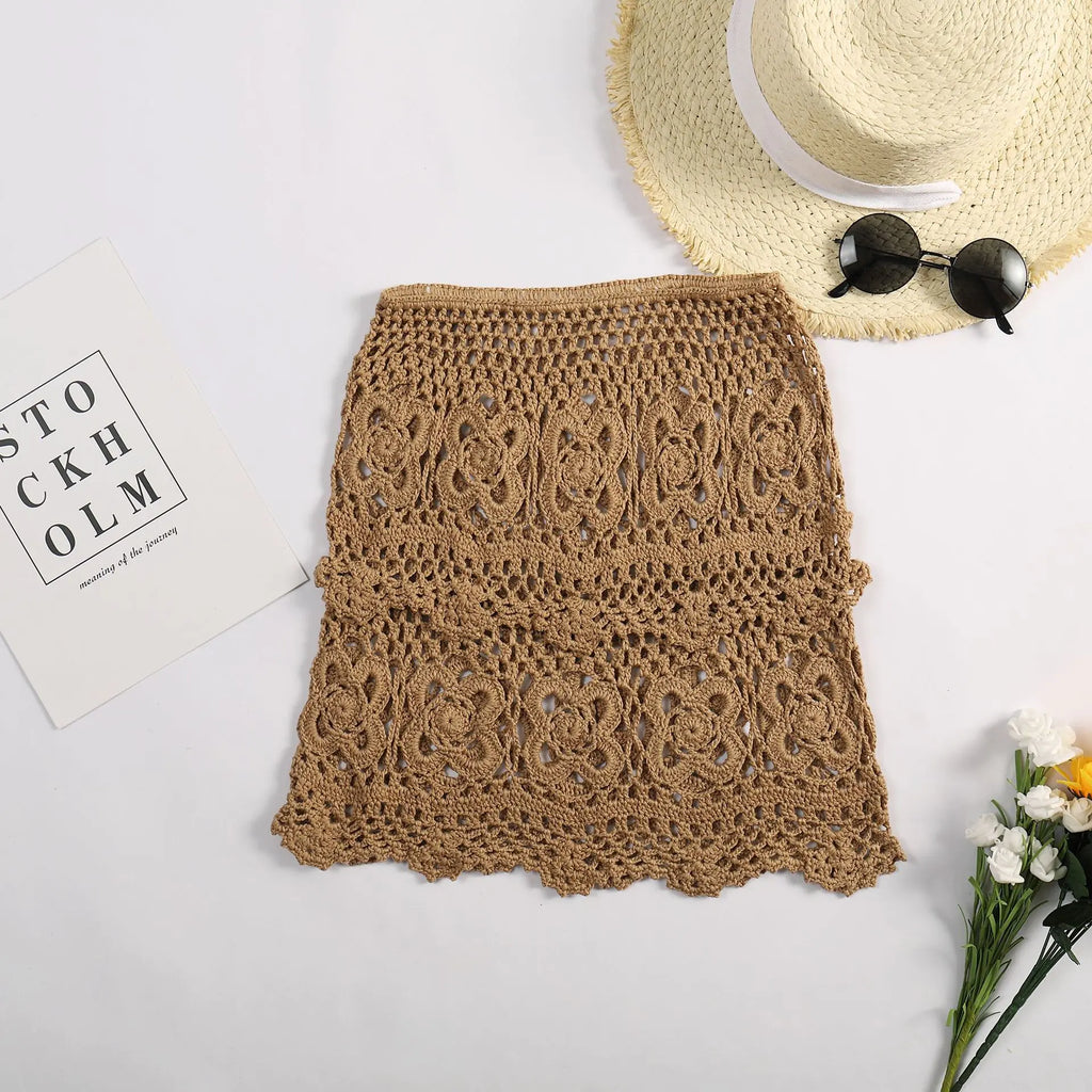 Hollow Knitted Bikini with Half-Length Wrap Skirt