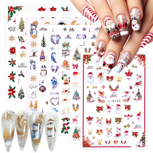 8 Sheets Christmas 3D Cute Nail Stickers Winter Cartoon Nail Art Stickers Supplies Xmas Holiday Nail Decals with Xmas Tree Santa Claus Reindeer Design for Women New Year Nail Decorations Accessories