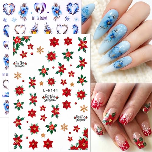 8 Sheets Christmas 3D Cute Nail Stickers Winter Cartoon Nail Art Stickers Supplies Xmas Holiday Nail Decals with Xmas Tree Santa Claus Reindeer Design for Women New Year Nail Decorations Accessories