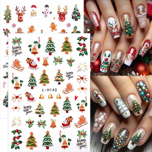 8 Sheets Christmas 3D Cute Nail Stickers Winter Cartoon Nail Art Stickers Supplies Xmas Holiday Nail Decals with Xmas Tree Santa Claus Reindeer Design for Women New Year Nail Decorations Accessories