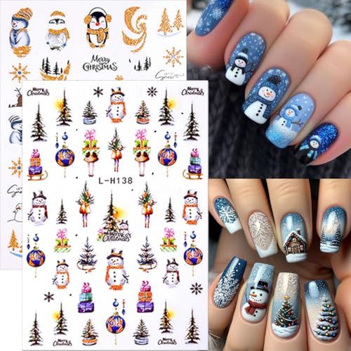 8 Sheets Christmas 3D Cute Nail Stickers Winter Cartoon Nail Art Stickers Supplies Xmas Holiday Nail Decals with Xmas Tree Santa Claus Reindeer Design for Women New Year Nail Decorations Accessories