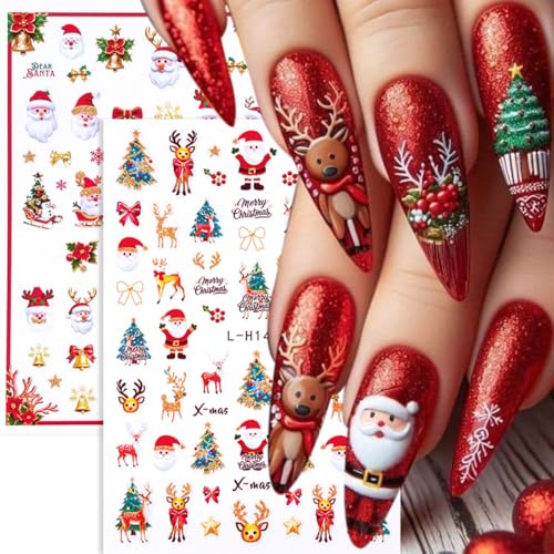 8 Sheets Christmas 3D Cute Nail Stickers Winter Cartoon Nail Art Stickers Supplies Xmas Holiday Nail Decals with Xmas Tree Santa Claus Reindeer Design for Women New Year Nail Decorations Accessories