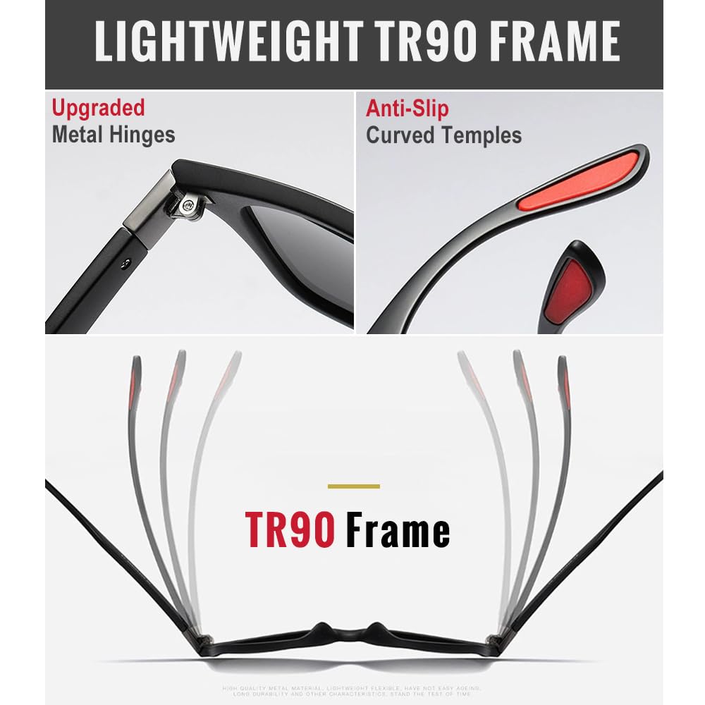 DASINGFA Polarized Sunglasses for Men Women,Lightweight TR90 Frame,UV400 Protection,Black Square Sun Glasses Driving Fishing Golf