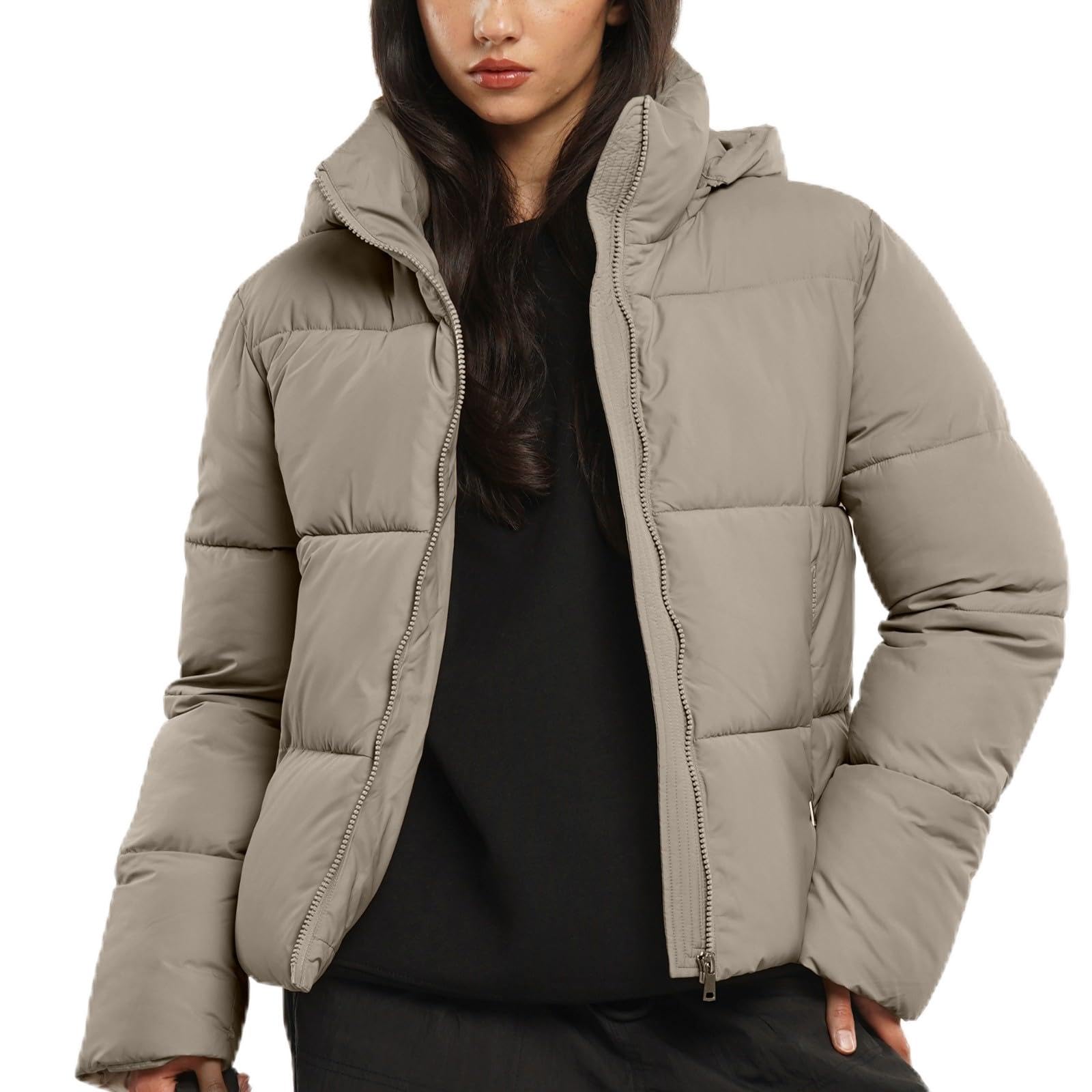 PUFFIT Women's Cropped Puffer Jackets,Warm Winter Jacket with Removable Hood,Zipped Pockets,Short Ladies Quilted Coat