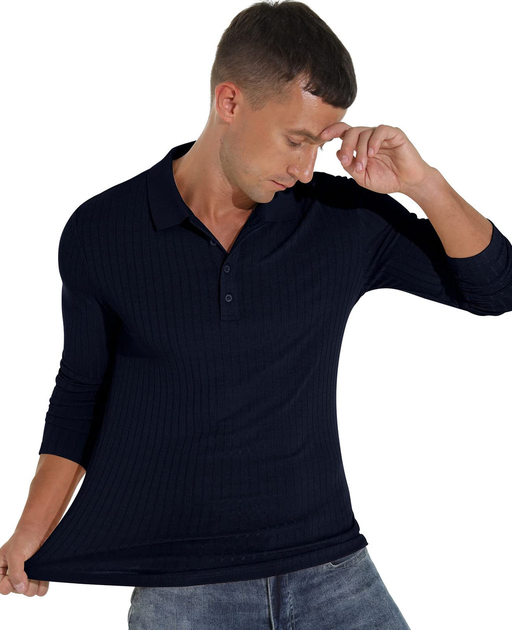 Askdeer Men's Polo Shirts Long Sleeve Slim Fit Casual Shirts Classic Stretch Polo T Shirt Golf Shirts Navy Blue