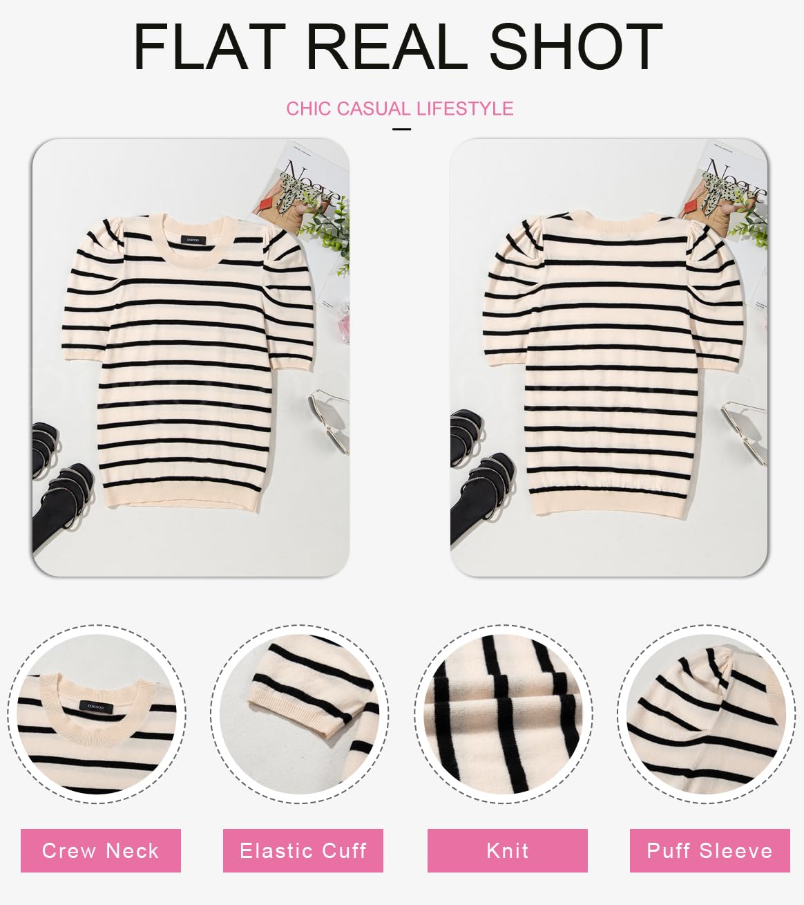 Dokotoo Knit Tops for Women 2025 Trendy Crewneck Casual Black Striped Tops Puff Sleeve Slim Fit Summer Blouses Color Block T Shirts Business Outfits Small