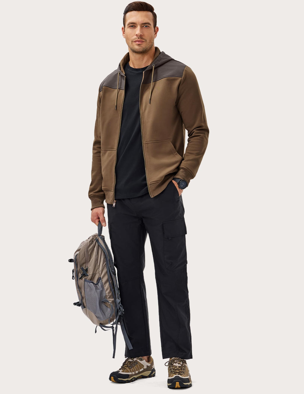 JMIERR Men's Casual Full Zip Up Hoodie 2025 Drawstring Hiking Fall Windproof Jacket with Pockets Long Sleeve, XL, Brown