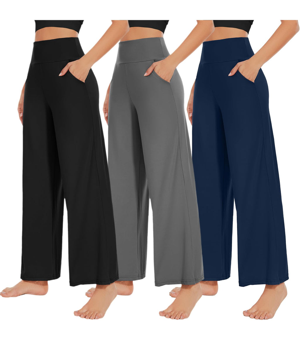 NEW YOUNG 3 Pack Women's Wide Leg Pants with Pockets High Waist Loose Sweatpants Casual Lounge Yoga Workout Palazzo