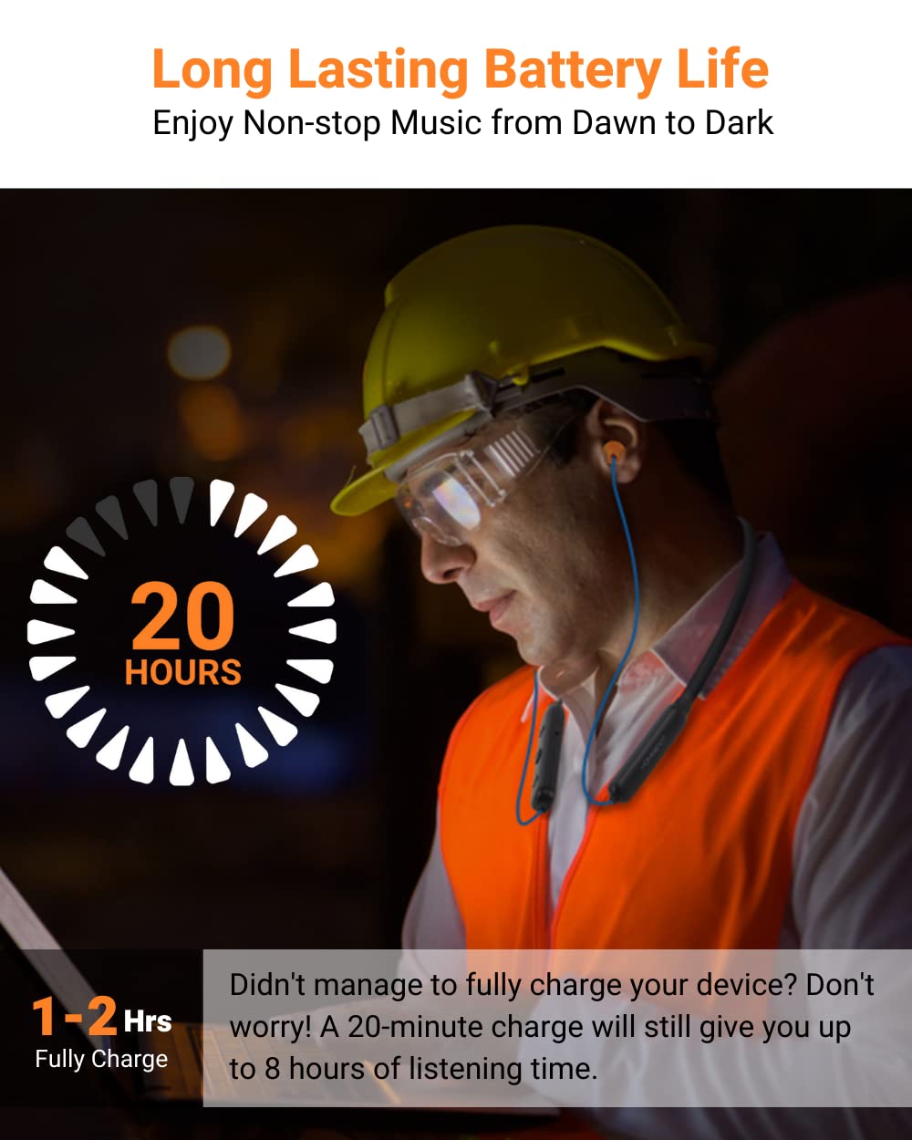 HomeSpot Noise Reduction Wireless Neckband Headphones with Qualcomm aptX HD, 27dB NRR, CVC Noise Cancelling Mic & Controls and 20H Playtime for Work Safety OSHA Compliant - Blue Wire Orange Earbuds