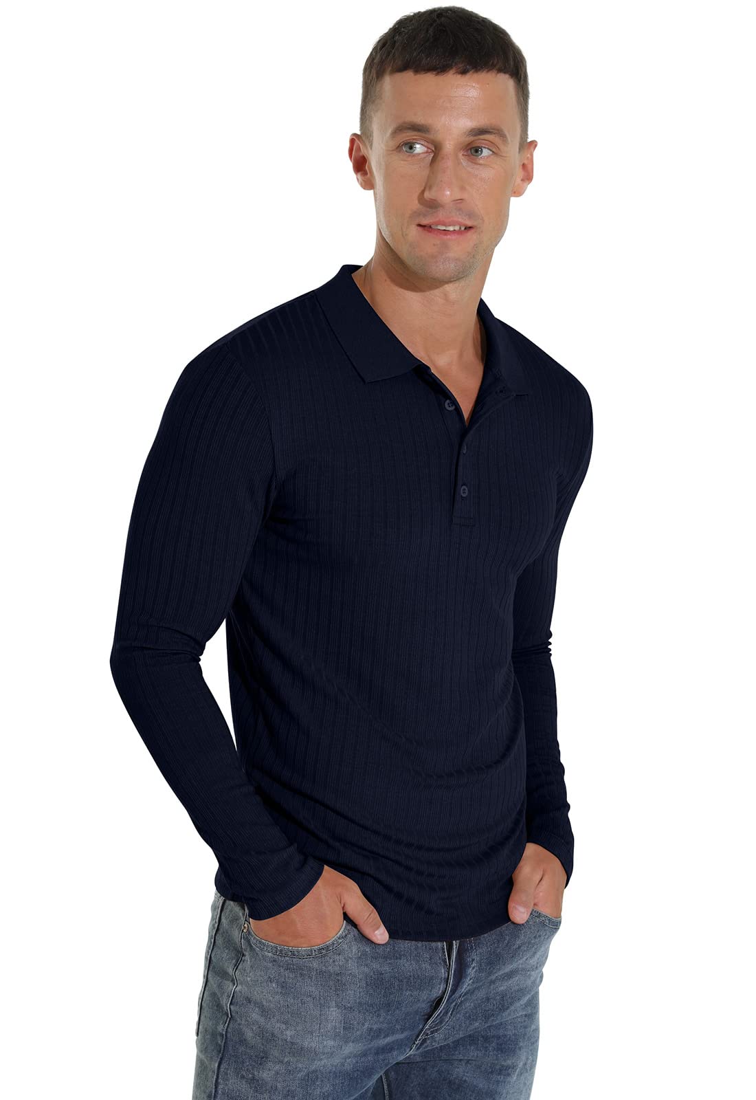 Askdeer Men's Polo Shirts Long Sleeve Slim Fit Casual Shirts Classic Stretch Polo T Shirt Golf Shirts Navy Blue