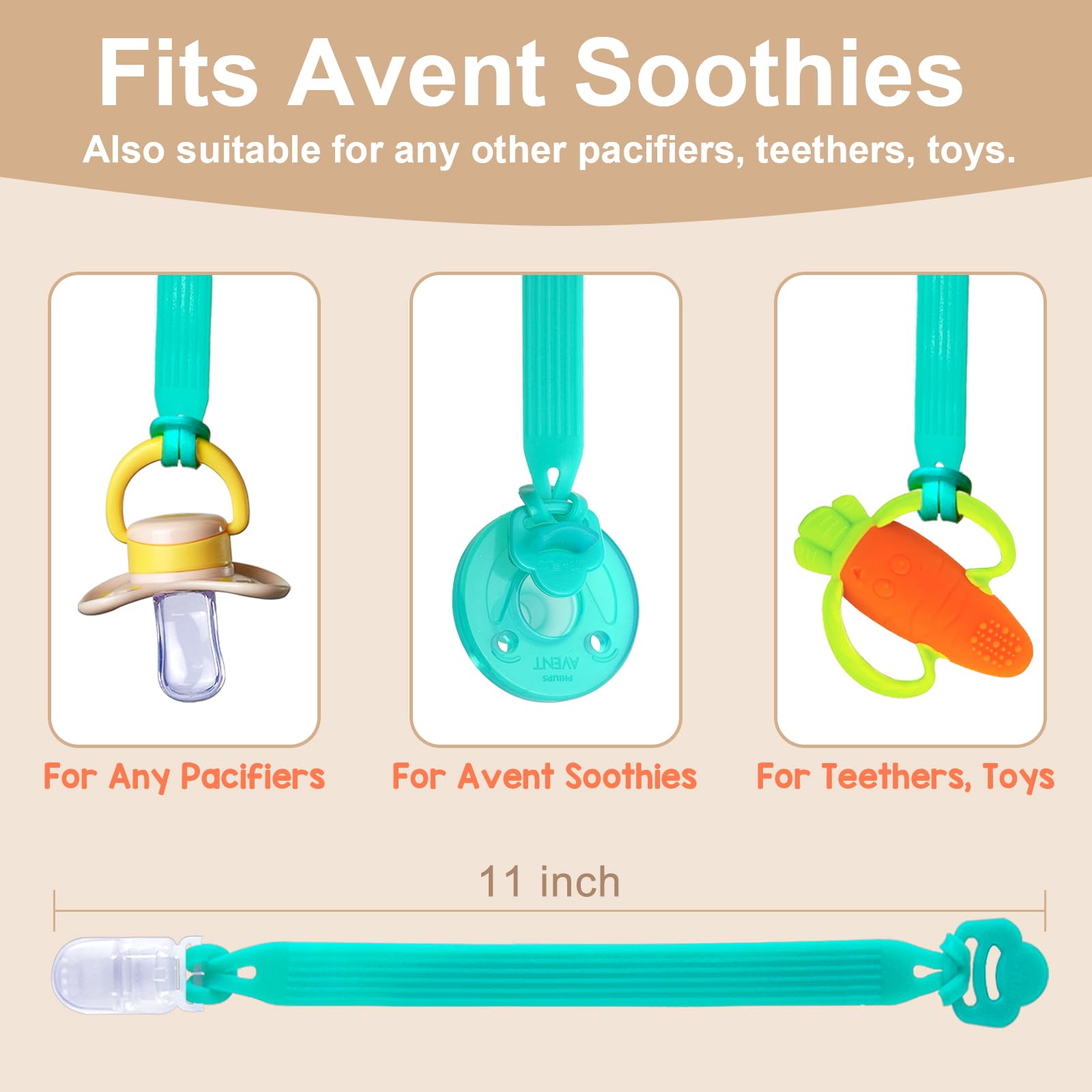Silicone Pacifier Clip with Adapter Ring for Philips Avent Soothie, 2 Pack One-Piece Soft Binky Clips Holder for Baby Boys Girls, Newborn Baby Essentials for Teething Relief Toys Baby Shower