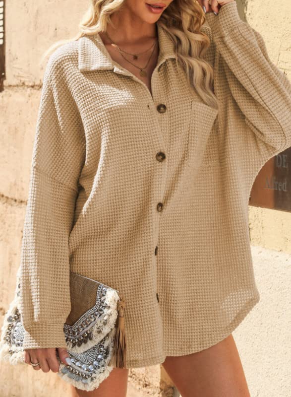 Dokotoo Fall Tops for Women 2025 Waffle Knit Shacket Long Sleeve Solid Color Button Down Shirts Boyfriend Loose Fit Batwing Sleeve Blouses for Women Khaki Small