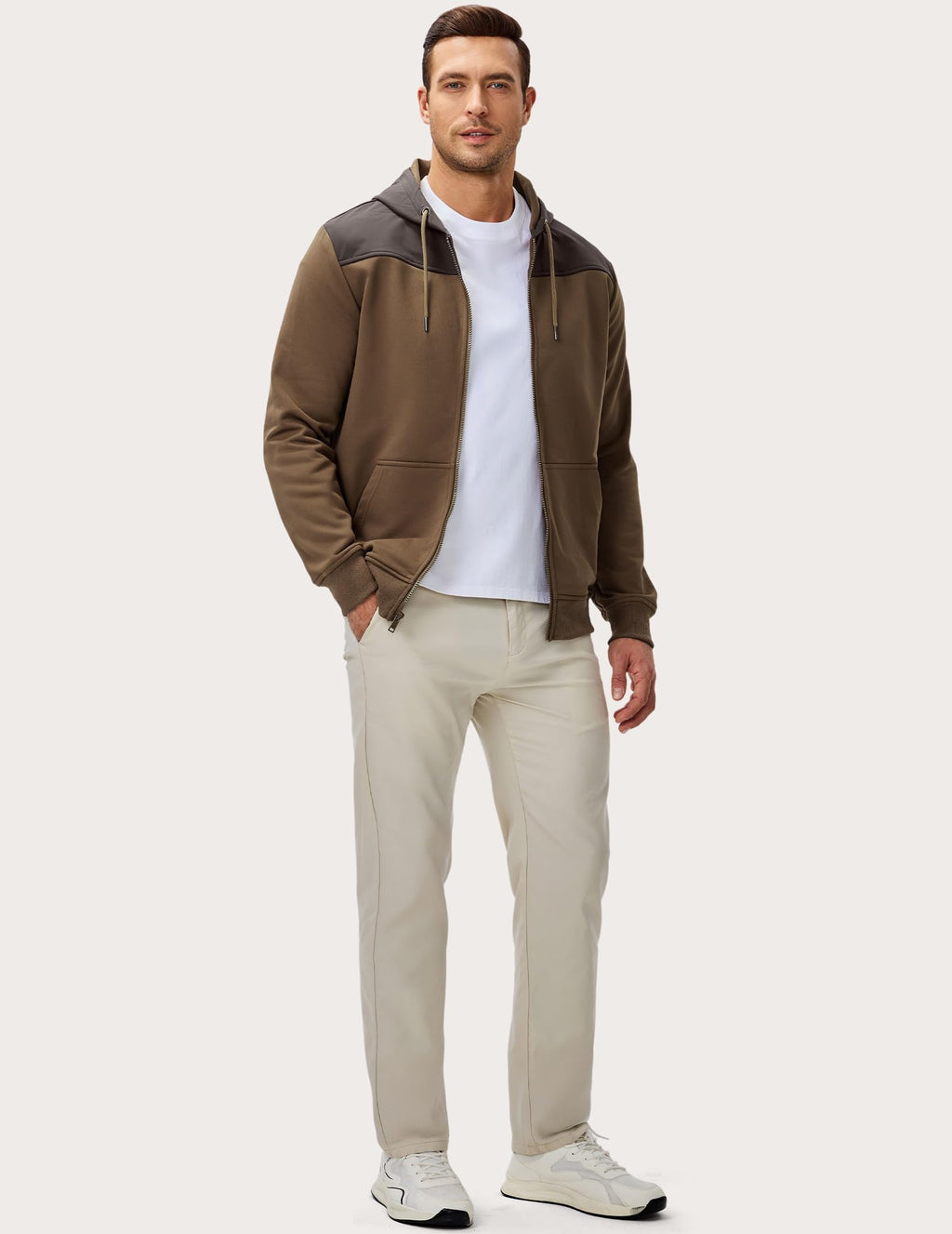 JMIERR Men's Casual Full Zip Up Hoodie 2025 Drawstring Hiking Fall Windproof Jacket with Pockets Long Sleeve, XL, Brown