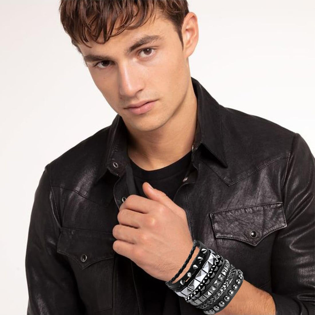 Ulekuke 4 Pcs Punk Rock Leather Studded Bracelets for Men Women 80s Gothic Spike Cuff Bracelet Set Emo Accessories for Rocker Outfits(BKQ-SR)