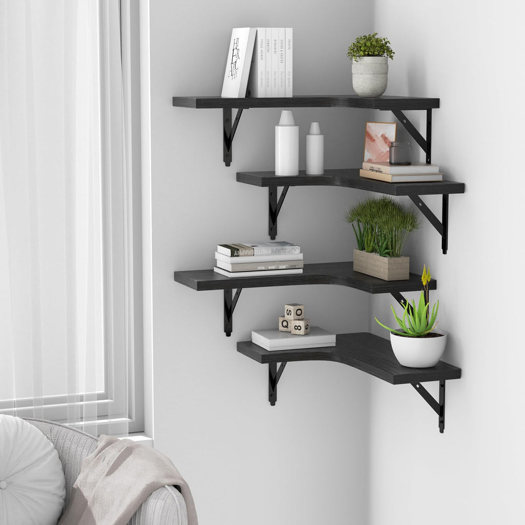 ROMGUAR CRAFT Corner Floating Shelves Wall Mounted Set of 4, Rustic Wood Storage Display Wall Shelves for Home Decor, Bathroom, Kitchen, Bedroom, Living Room, Office (Black)