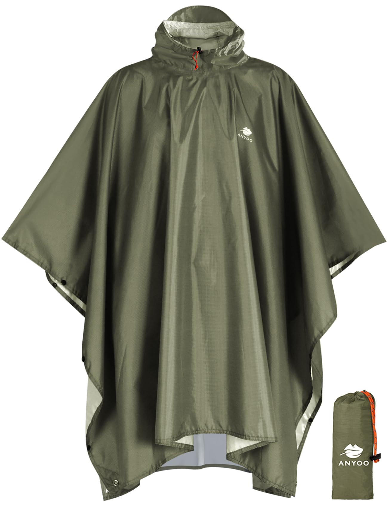ANYOO Hooded Rain Poncho for Adults Waterproof Lightweight Rain Coats for Men Women Reusable Rain Jacket for Emergency Camping Outdoor Activities(Army Green) One Size