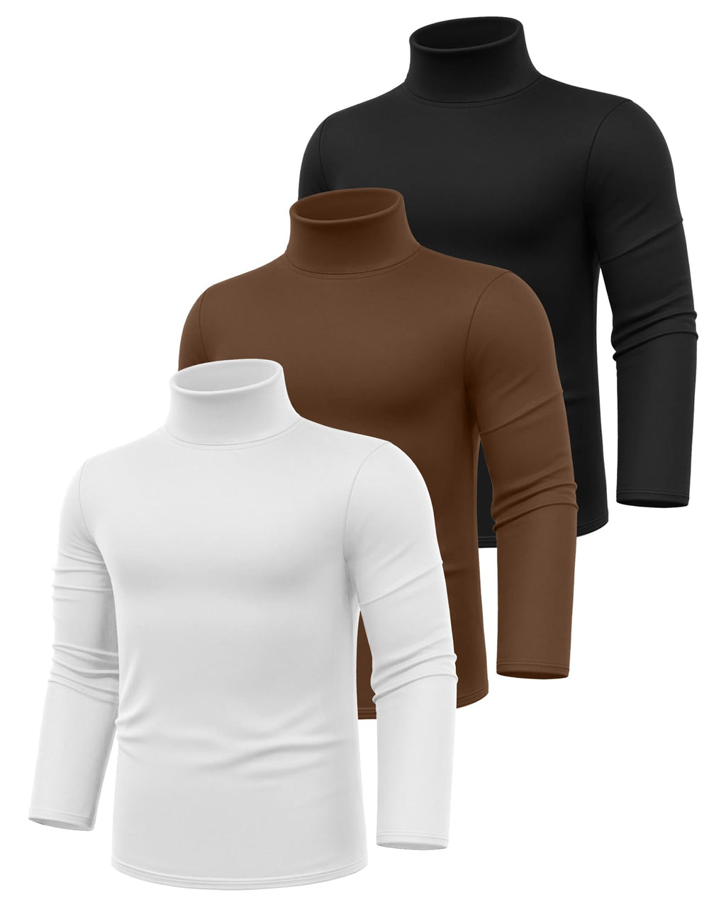 Ficerd 3 Pack Men's Big and Tall Turtleneck Shirts Cotton Long Sleeve Turtle Neck Tops Plus Size Loose Fit Basic Tee(Black, White, Brown,5X-Large)