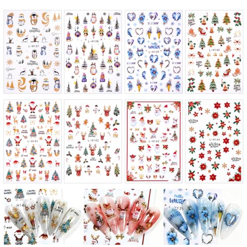 8 Sheets Christmas 3D Cute Nail Stickers Winter Cartoon Nail Art Stickers Supplies Xmas Holiday Nail Decals with Xmas Tree Santa Claus Reindeer Design for Women New Year Nail Decorations Accessories