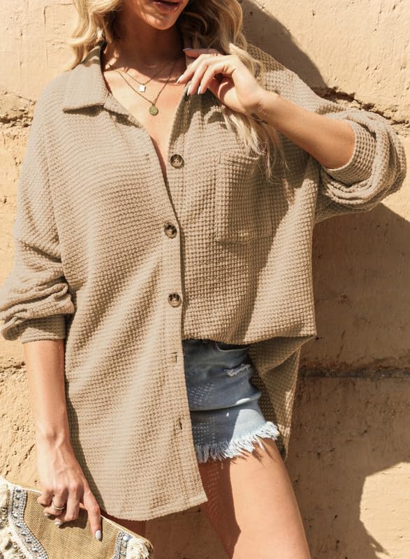 Dokotoo Fall Tops for Women 2025 Waffle Knit Shacket Long Sleeve Solid Color Button Down Shirts Boyfriend Loose Fit Batwing Sleeve Blouses for Women Khaki Small