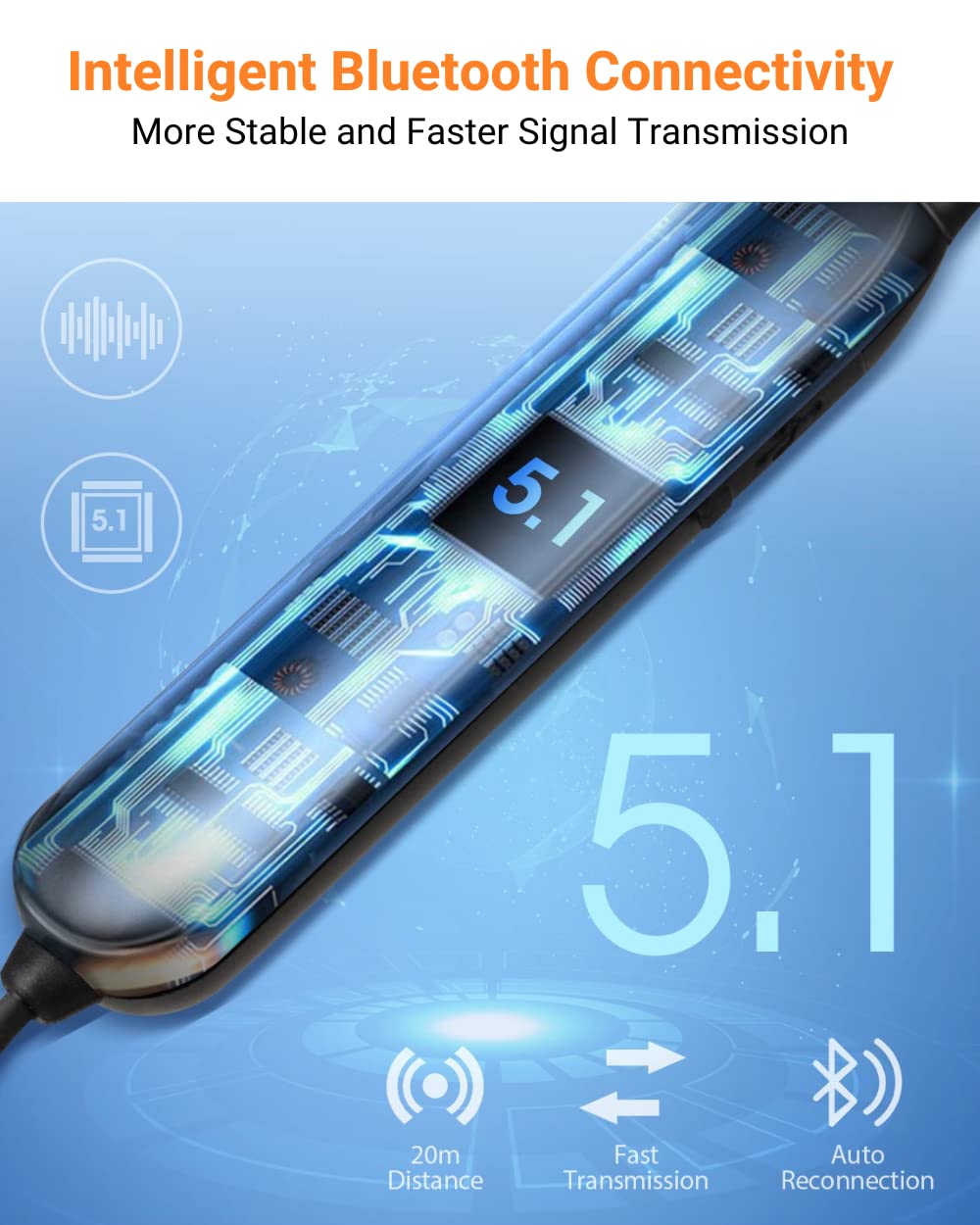 HomeSpot Noise Reduction Wireless Neckband Headphones with Qualcomm aptX HD, 27dB NRR, CVC Noise Cancelling Mic & Controls and 20H Playtime for Work Safety OSHA Compliant - Blue Wire Orange Earbuds