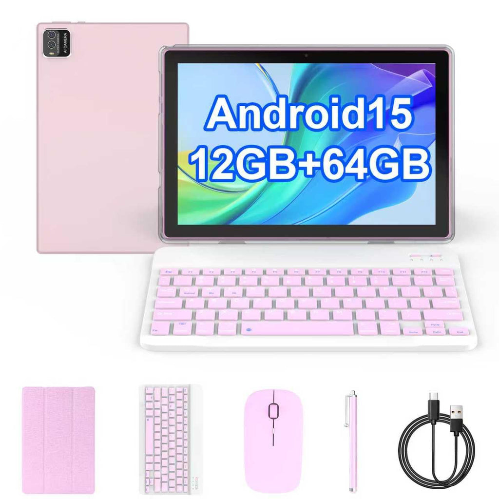 COOPERS Tablet Android 15, 10 inch Tablet 12GB RAM+64GB ROM Max 1TB, 1.8Ghz Quad-core Processor, 5G WiFi6, 6000mAh Battery Dual Camera, 2 in 1 Tablets with Keyboard Case Mouse Stylus, Widevine L1 Pink