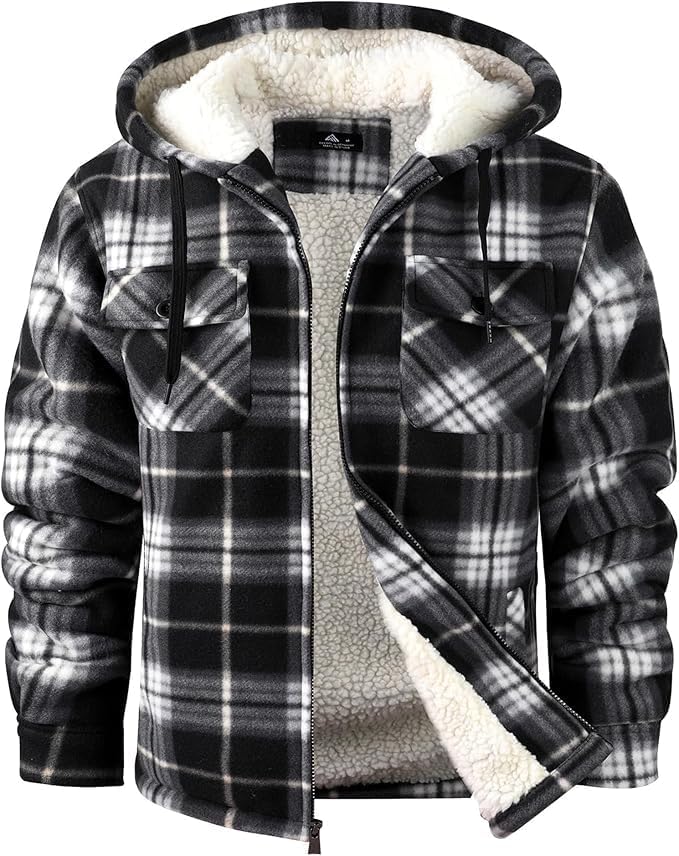 SCODI Men's Flannel Shirt Jacket Fleece Sherpa Lined Plaid Jackets Coat Full Zip Up Hoodie Winter Outwear Black White Large