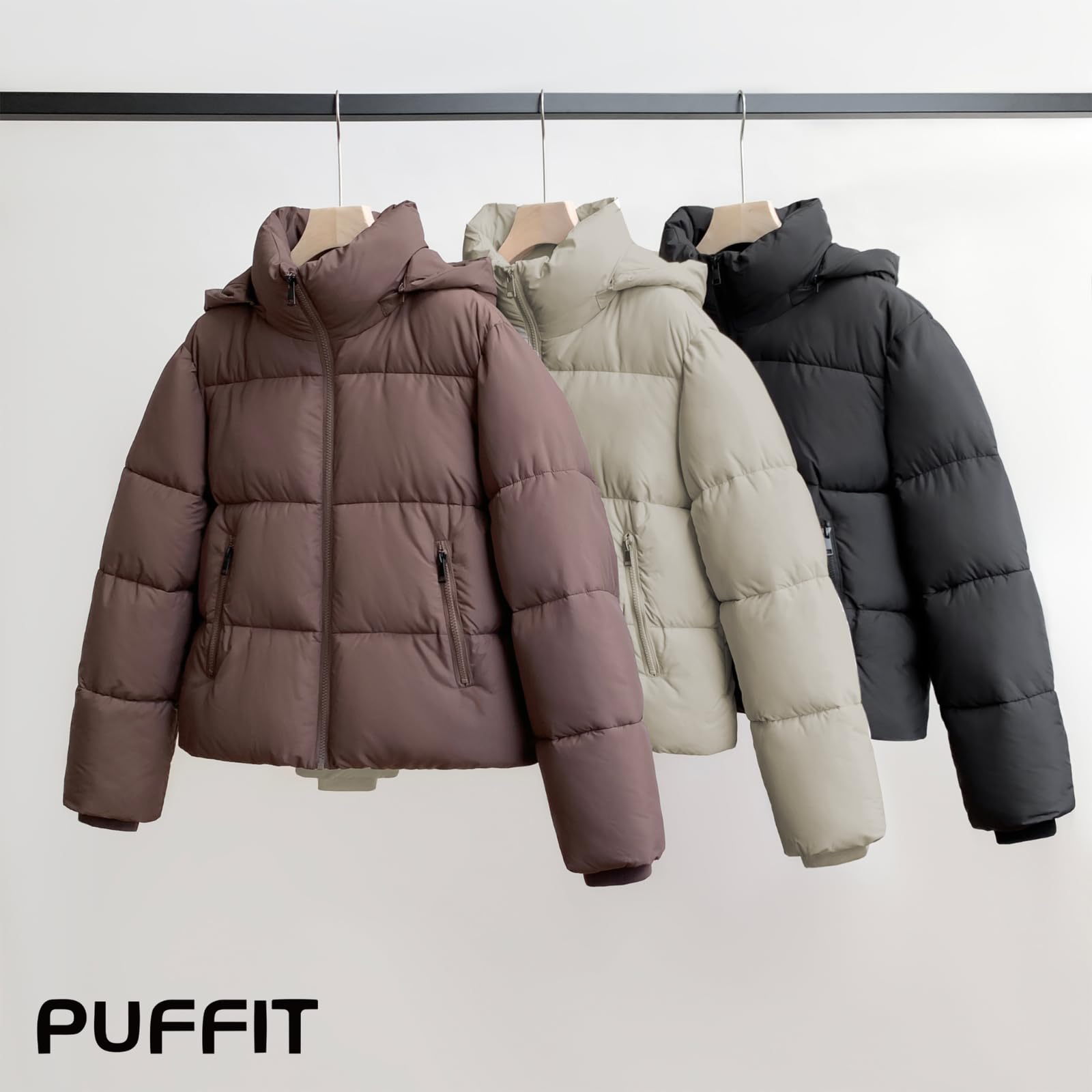 PUFFIT Women's Cropped Puffer Jackets,Warm Winter Jacket with Removable Hood,Zipped Pockets,Short Ladies Quilted Coat