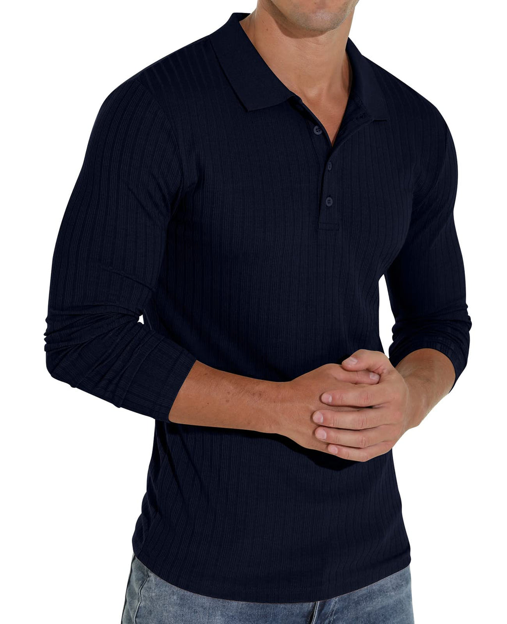 Askdeer Men's Polo Shirts Long Sleeve Slim Fit Casual Shirts Classic Stretch Polo T Shirt Golf Shirts Navy Blue