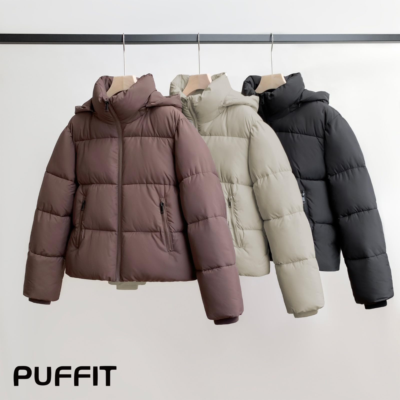 PUFFIT Women's Cropped Puffer Jackets,Warm Winter Jacket with Removable Hood,Zipped Pockets,Short Ladies Quilted Coat