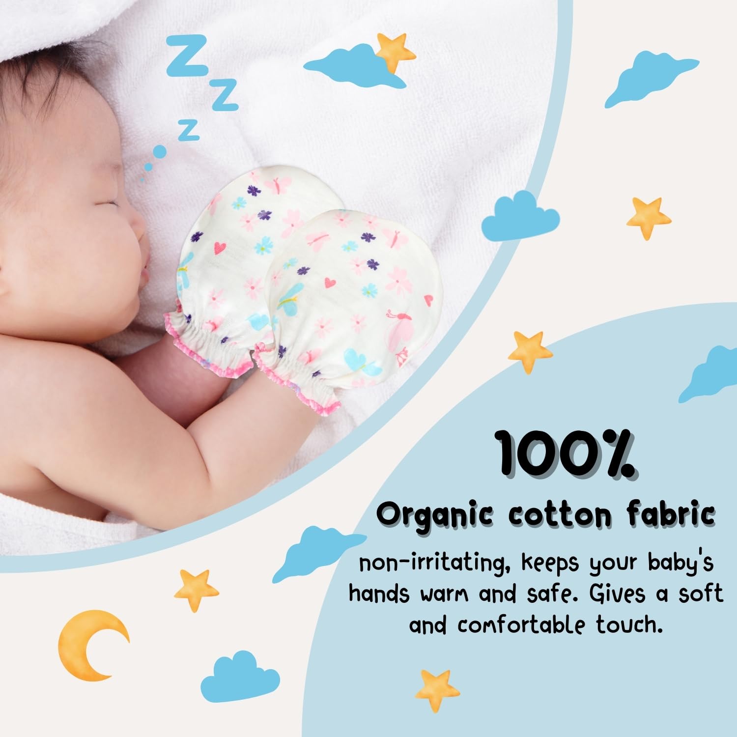 RATIVE Baby Mittens Gloves No Scratch Organic Cotton for Newborn 0-6 Months Baby Essentials Must Haves for Boys Girls (6 Pairs/g46)