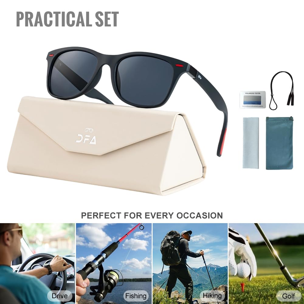 DASINGFA Polarized Sunglasses for Men Women,Lightweight TR90 Frame,UV400 Protection,Black Square Sun Glasses Driving Fishing Golf