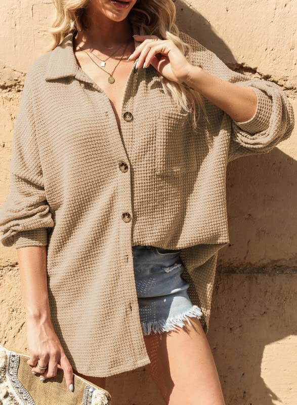 Dokotoo Fall Tops for Women 2025 Waffle Knit Shacket Long Sleeve Solid Color Button Down Shirts Boyfriend Loose Fit Batwing Sleeve Blouses for Women Khaki Small