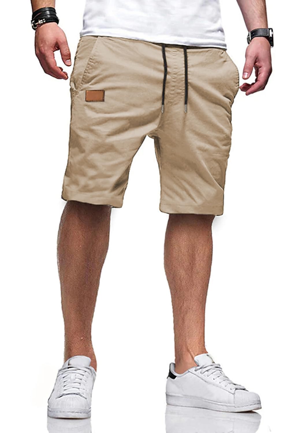 JMIERR Mens Casual Shorts - Cotton Drawstring Summer Beach Stretch Waist Twill Chino Work Dress Golf Travel Essentials Shorts with Pockets for Men, M, S1 Khaki 2