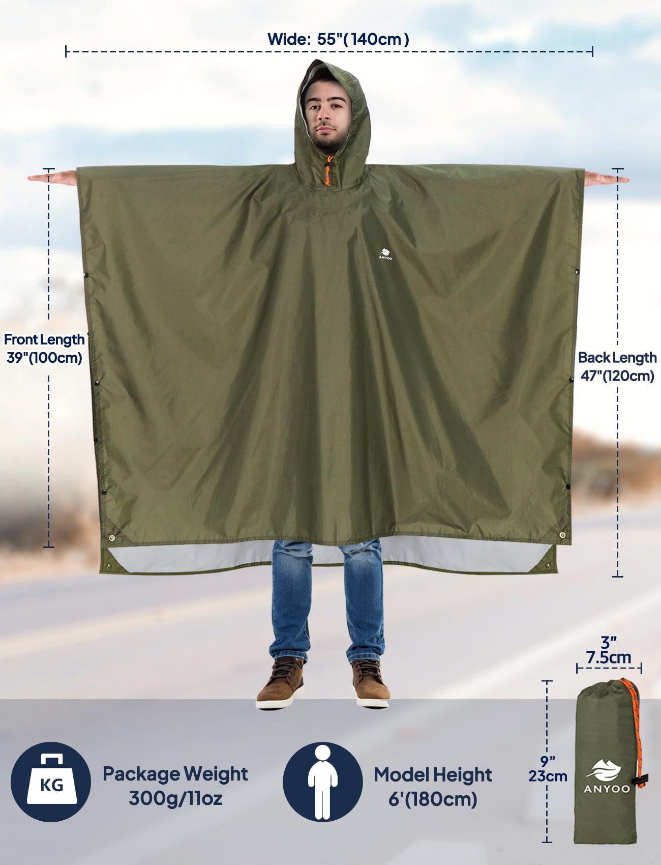 ANYOO Hooded Rain Poncho for Adults Waterproof Lightweight Rain Coats for Men Women Reusable Rain Jacket for Emergency Camping Outdoor Activities(Army Green) One Size