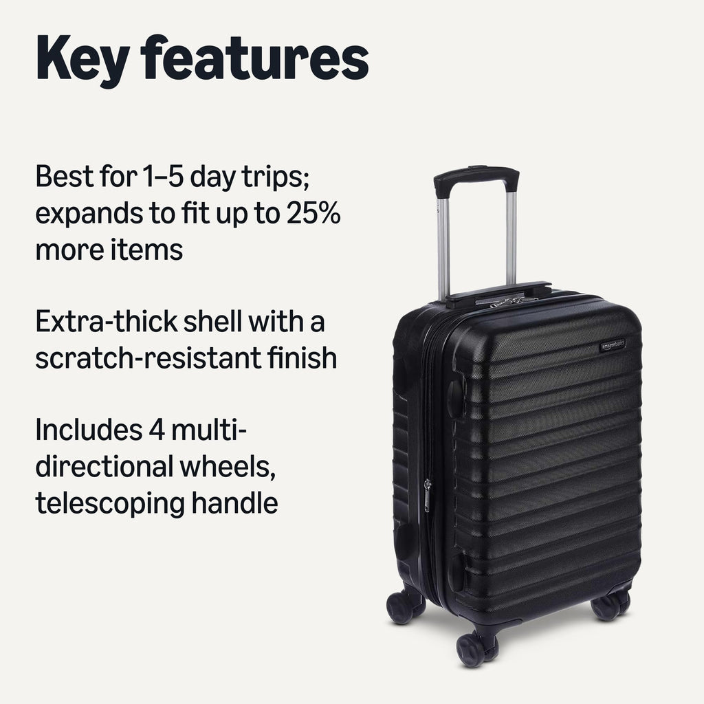Amazon Basics 21" Hardside Carry-On Luggage, Hardshell Suitcase With Wheels, Expandable For Up to 25% More Space, With Scratch-Resistant Surface, Four Multi-directional Wheels, Black