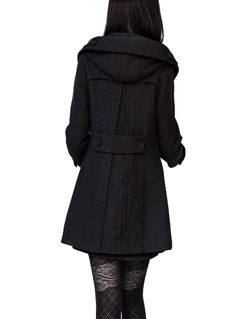Tanming Women's Warm Double Breasted Wool Pea Coat Trench Coat Jacket with Hood (Black-M)
