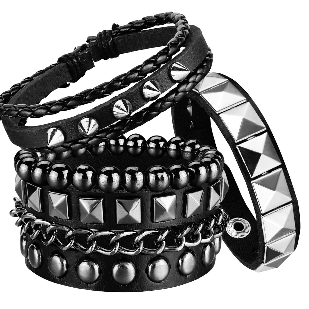 Ulekuke 4 Pcs Punk Rock Leather Studded Bracelets for Men Women 80s Gothic Spike Cuff Bracelet Set Emo Accessories for Rocker Outfits(BKQ-SR)