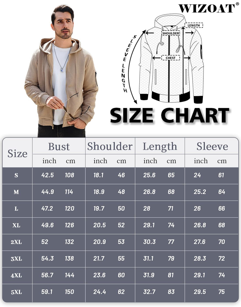 Wizoat Mens Zip Up Hoodie Full-Zip Sweatshirt Lightweight Loose Fit Hooded Jackets Khaki
