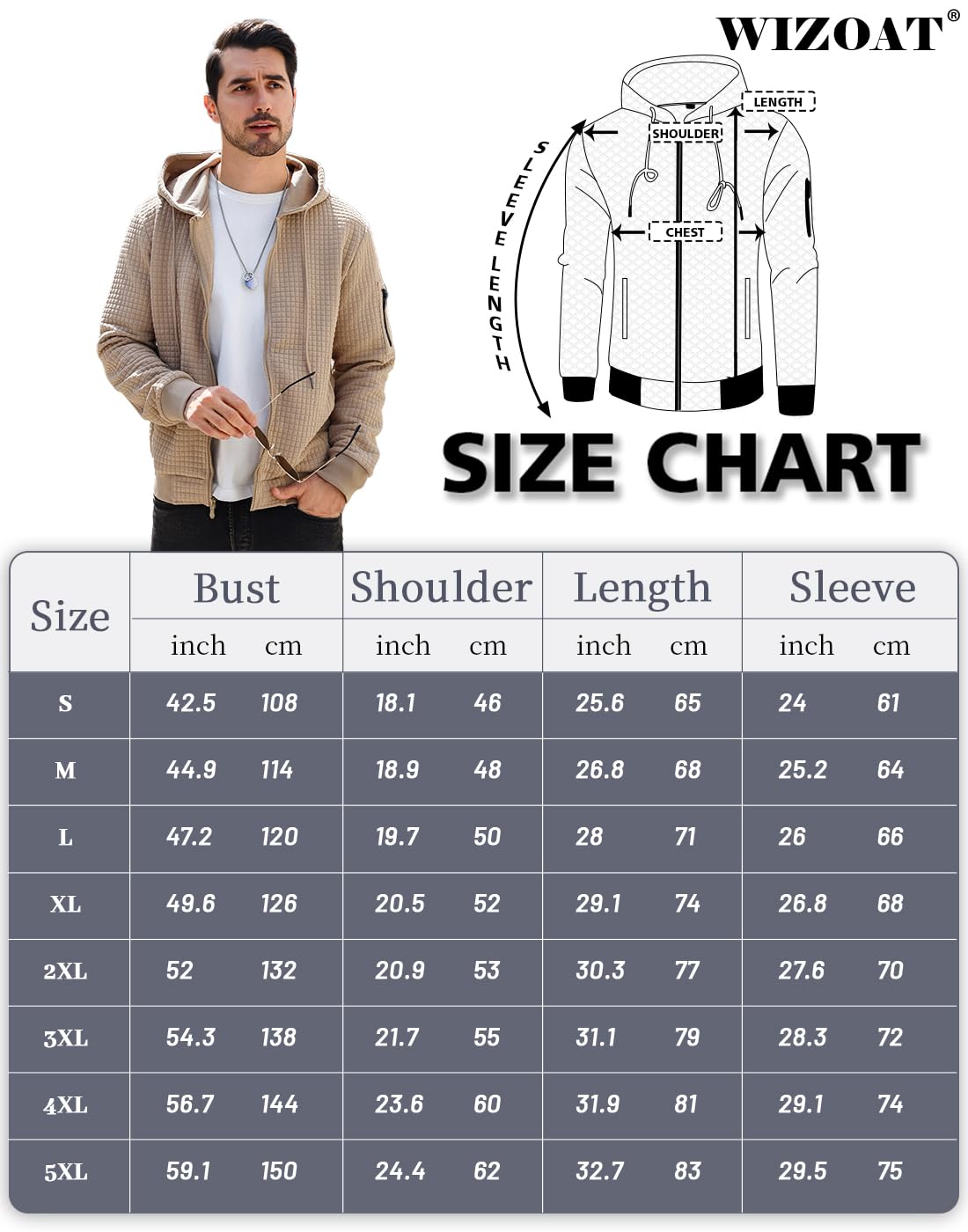 Wizoat Mens Zip Up Hoodie Full-Zip Sweatshirt Lightweight Loose Fit Hooded Jackets Khaki